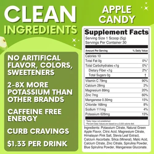 Miniatura 2 de Zero Sugar - Polvo de electrolitos de caramelo de manzana, hidratación refrescante, energía sin cafeína con todos los ingredientes naturales