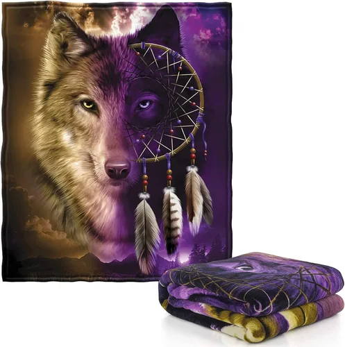 Miniatura 7 de Dawhud Direct Manta de Vellón con Atrapasueños de Lobo - 50x60 Pulgadas de Felpa Suave para Niños y Adultos - Manta Acogedora con Lobos para Cama