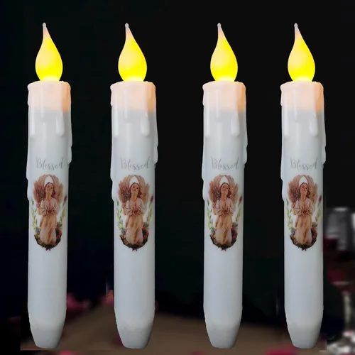 Miniatura 8 de Velas cónicas sin llama primitivas con temporizador, velas LED parpadeantes de 6.75 pulgadas, vela decorativa sin goteo para Halloween, Navidad