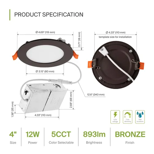 Miniatura 2 de ASD Paquete de 6 luces LED empotrables de 4 pulgadas, 12 W, 5 CCT 2700K-5000K CRI90+, luces de techo regulables ultrafinas con clasificación IC