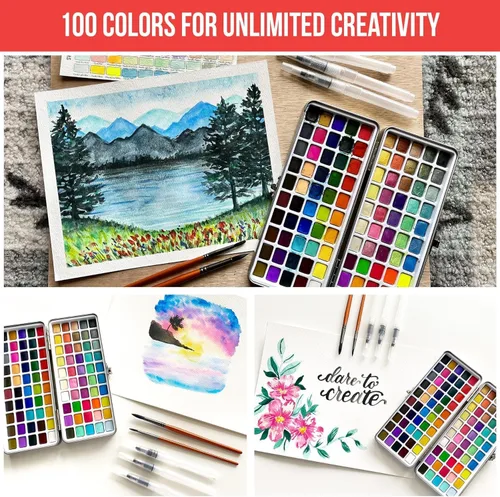 Miniatura 3 de Juego de pintura de acuarela premium con 100 colores brillantes y bloc de papel para principiantes y profesionales - Kit de pintura y suministros