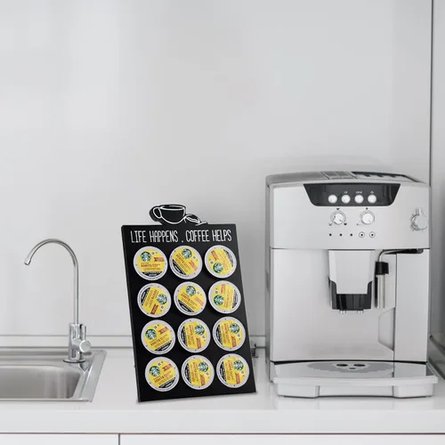 Miniatura 2 de Organizador de 12 cápsulas K para tazas, soporte de almacenamiento de cápsulas de café de madera compacta negra, organizador de Kcup para el hogar