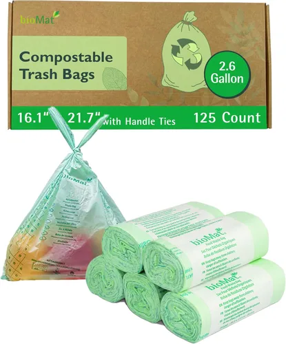 Miniatura 29 de bioMat Bolsas de basura compostables de 2.6 galones, 125 unidades, bolsas de basura pequeñas y planas para cocina, con certificación BPI, CMA y OK