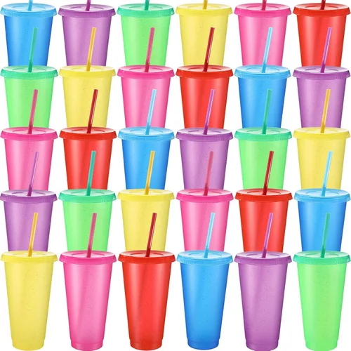 Miniatura 10 de Honeydak Paquete de 60 vasos con popote y tapa, vasos a granel para regalos, tazas de café de plástico con purpurina de 24 a 27 onzas, botella