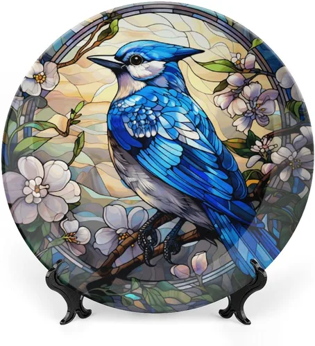 Miniatura 15 de Platos decorativos para colgar en la pared, placa de cerámica con estampado de pájaros de acuarela con soporte de exhibición, decoración del hogar