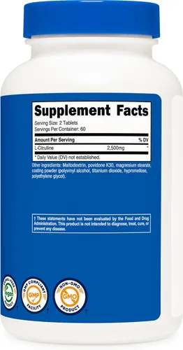 Miniatura 5 de Nutricost L-citrulina 2500 mg por porción, 60 porciones, 1250 mg por tableta, 120 tabletas - Suplemento sin OMG y sin gluten