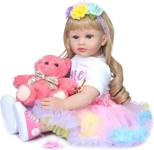 Muñeca realista Reborn de silicona de 24 pulgadas, muñeca de bebé realista Reborn niña, cabello rubio rizado, ojos azules, cuerpo de tela suave para