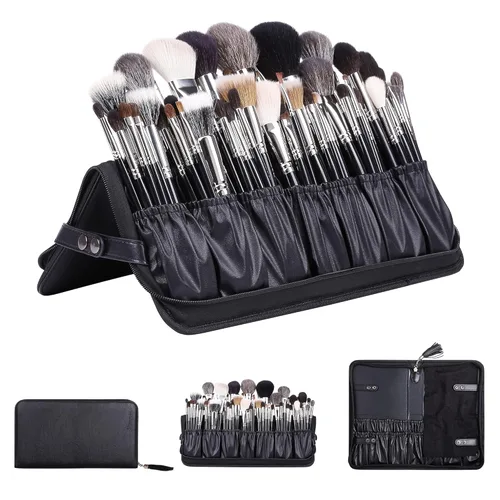 Rownyeon - Bolsa organizadora de brochas de maquillaje profesional, estuche de cuero, bolso de mano negro portátil de viaje (solo bolsa)