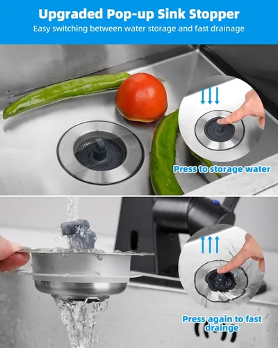 Miniatura 3 de Hibbent - Combo de colador y tapón de drenaje desplegable 3 en 1 para fregadero de cocina, de acero inoxidable, cesta antiobstrucción, con mango