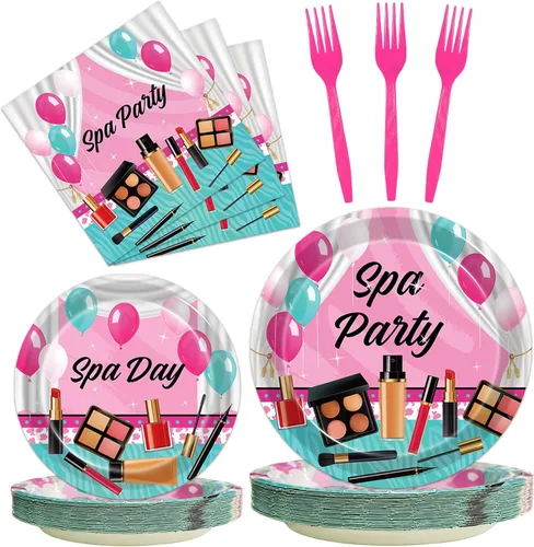 Kepeel 96 piezas de platos y servilletas para fiesta de spa, suministros de decoración para fiesta de maquillaje de día de spa para niñas, niñas