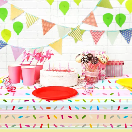 Miniatura 3 de Mindsoft 3 piezas de decoración de fiesta de cumpleaños con diseño de helado y sprinkles, mantel desechable con diseño de dona, mantel de plástico