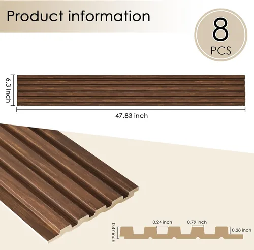 Miniatura 2 de Paquete de 8 paneles de pared con listones 3D, paneles de pared de madera sintética insonorizados para decoración de interiores, 48.2 x 6.3 Nogal