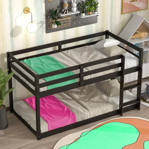 Litera para niños de tamaño individual sobre individual con escaleras y rieles para niños pequeños, niñas y niños, madera de pino, fácil de montar,