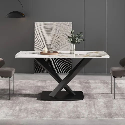 Miniatura 3 de Mesa de comedor moderna, mesa de comedor de piedra sinterizada blanca antigua con base de acero al carbono sólido en forma de X, mesa de comedor