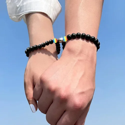 Miniatura 3 de Disfraz de collar de diamantes a la moda negro blanco arco iris imán de cuentas de hierro para parejas conjunto de pulseras de cuentas de arco iris