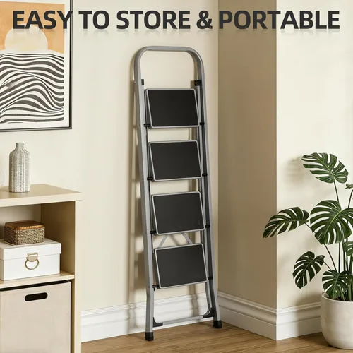 Miniatura 7 de JungleA Escalera de Tijera, Escalera Plegable de 4 Escalones para Adultos, con Pedal Antideslizante Ancho, Capacidad de Carga de 330 libras, Gris
