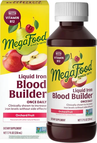 Suplemento de hierro líquido Blood Builder de MegaFood para mujeres, hombres y niños, clínicamente demostrado para aumentar los niveles de hierro