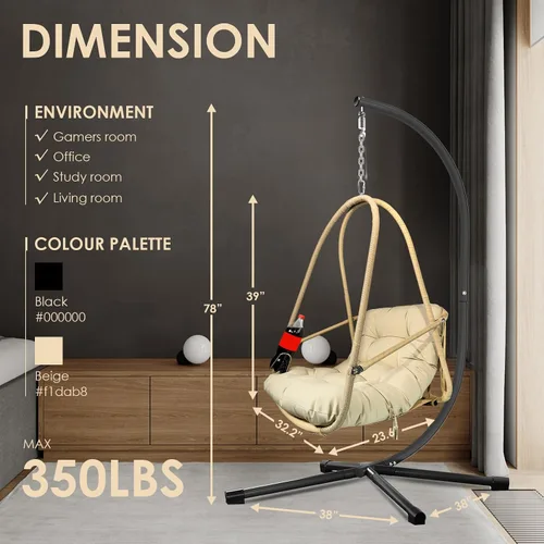 Miniatura 2 de JESE Silla Huevo Columpio con Soporte Marco Plegable Sillas Colgantes para Interior Exterior, con Cojín Impermeable Resistente a UV y Portavasos