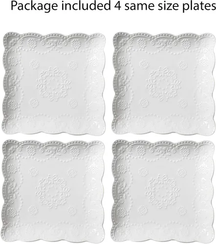 Miniatura 2 de Jusalpha Juego de 4 platos cuadrados de cerámica de encaje en relieve, juego de platos de pasta/ensalada/postre, lavavajillas, microondas, juego