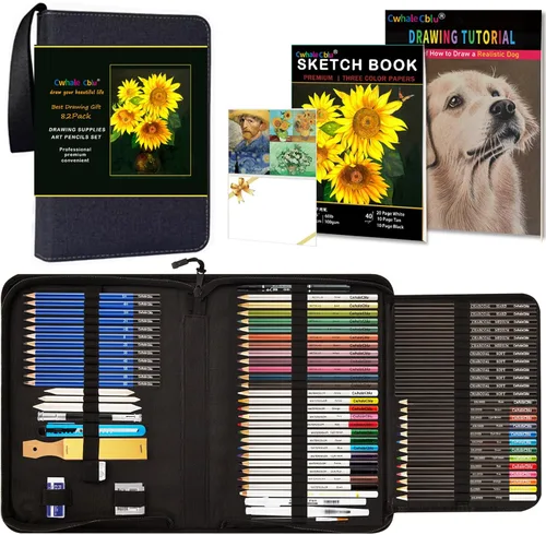 Juego de suministros de arte para dibujo, kit de bocetos con libro de bocetos de 3 colores, grafito, carbón, acuarela y lápiz metálico, juego de