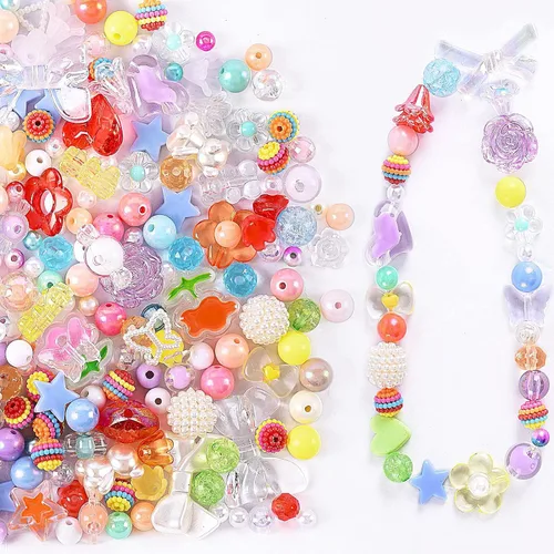 120 cuentas de acrílico estéticas surtidas de colores pastel, cuentas redondas de flores, corazón, estrella, mariposa, caramelo, cuentas de