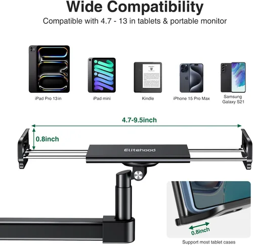 Miniatura 7 de elitehood Soporte de escritorio para iPad de brazo largo con base de montaje con ojales, soporte de aluminio resistente para tableta, soporte
