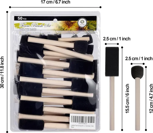 Miniatura 2 de conda Paquete de 50 pinceles de espuma de 0.5 a 2 pulgadas de diferentes tamaños, juego de pinceles de pintura con mango de madera, ligero