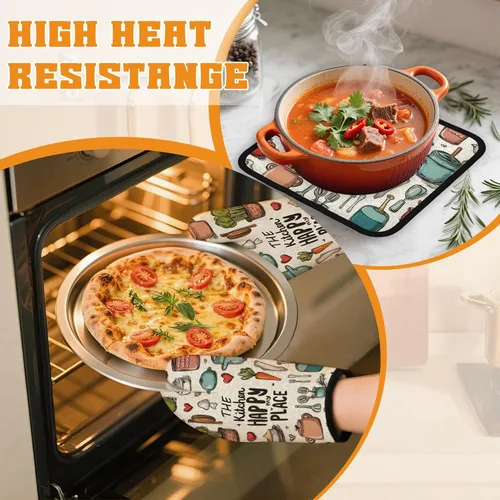 Miniatura 6 de Guantes de horno y soportes para ollas, The Kitchen is My Happy Place, resistentes al calor, guantes y soporte para ollas para decoración del hogar