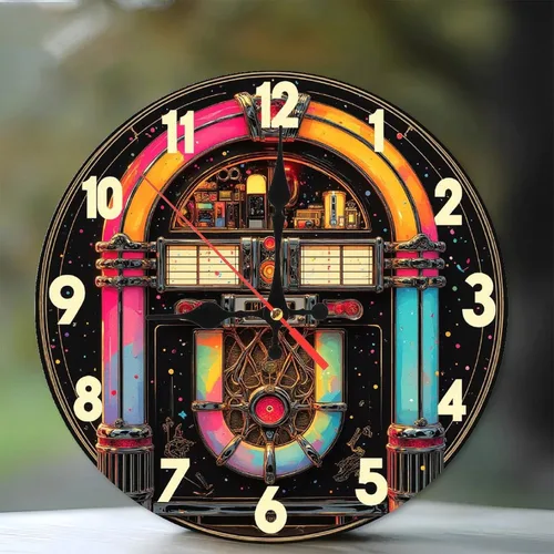 Reloj de pared Jukebox vintage con decoración musical retro, reloj de pared de madera de 10 pulgadas, movimiento silencioso, funciona con pilas AA