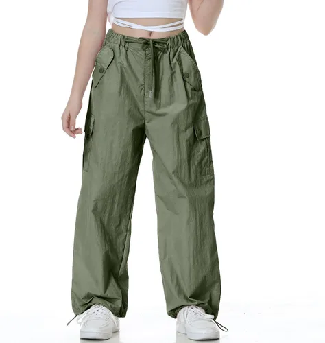 Miniatura 9 de Rolanko Pantalones de paracaídas para niñas, pantalones cargo Y2K con bolsillos, pantalones deportivos Harajuku para niños de 4 a 14 años