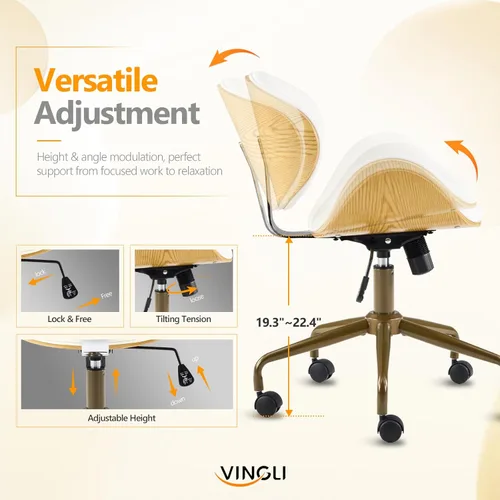 Miniatura 3 de VINGLI Silla giratoria de oficina en casa amplia y cómoda con carcasa curvada de grano de madera, silla de escritorio Ergomomic acolchada sin brazos