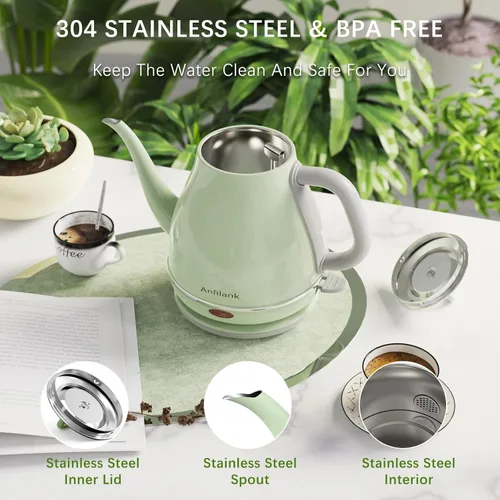 Miniatura 4 de Anfilank - Hervidor eléctrico de cuello de cisne, 1 L 1500W de hervido rápido, hervidor de café y té de acero inoxidable 100% libre de BPA