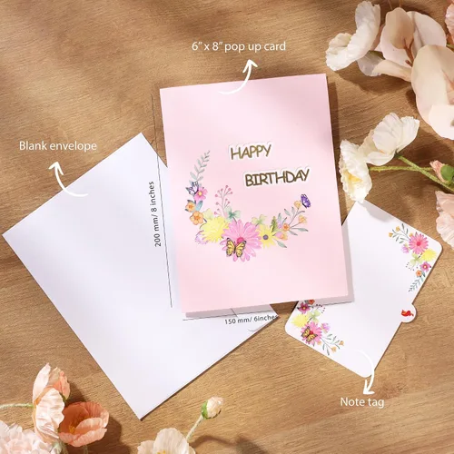 Miniatura 5 de Tarjetas de cumpleaños desplegables para mujeres y esposa, hermosas flores y mariposa monarca, elegante, floral 3D, tarjetas de felicitación