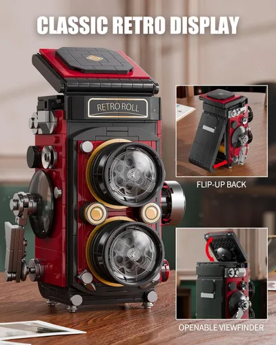 Miniatura 3 de TYCOLE Juegos de bloques de construcción de cámara retro con luces, juguetes de construcción de cámara DIY con diseño reflejo de doble lente