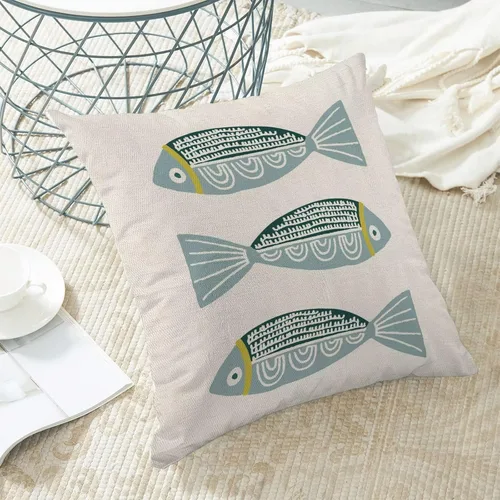Miniatura 5 de AEIOAE Fundas de Almohada Costeras de 16 x 16 Pulgadas Juego de 2, Fundas Decorativas de Lino con Estampado de Peces Azules de Playa Oceánica