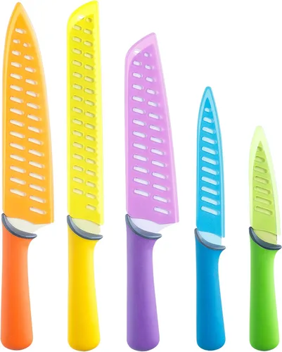 Glad Juego de cuchillos para cocina – Cuchillos de chef de acero inoxidable con vainas | Cuchillas de colores afilados con asas antideslizantes |