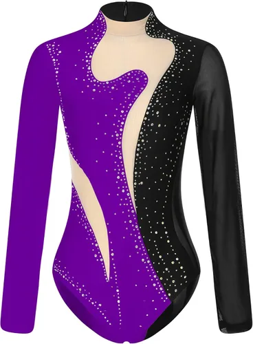 Miniatura 3 de Traje de baile de manga larga con diamantes de imitación brillantes para mujer, leotardos de gimnasia