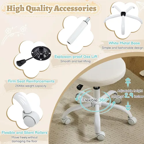 Miniatura 6 de VINGLI Silla de tocador pequeña con ruedas para niñas. Bonita silla de escritorio de oficina moderna de altura ajustable sin brazos. Silla giratoria
