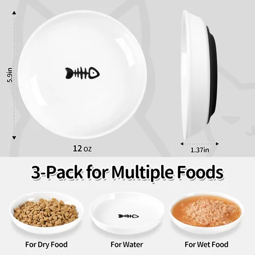 Miniatura 6 de Cuencos de comida para gatos, cuencos de cerámica para gatos con base de silicona antideslizante, paquete de 3 platos silenciosos y platos