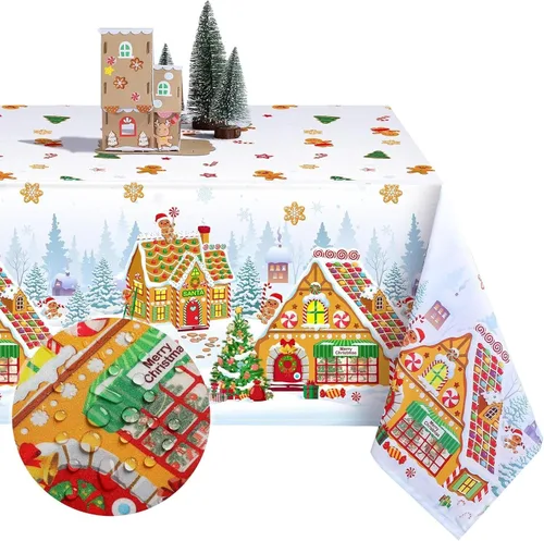 Miniatura 8 de Tiamon Mantel de Navidad de Jengibre de 60 x 104 Pulgadas, Mantel Rectángulo Reutilizable de Hombre de Jengibre, Cubierta de Mesa de Árbol