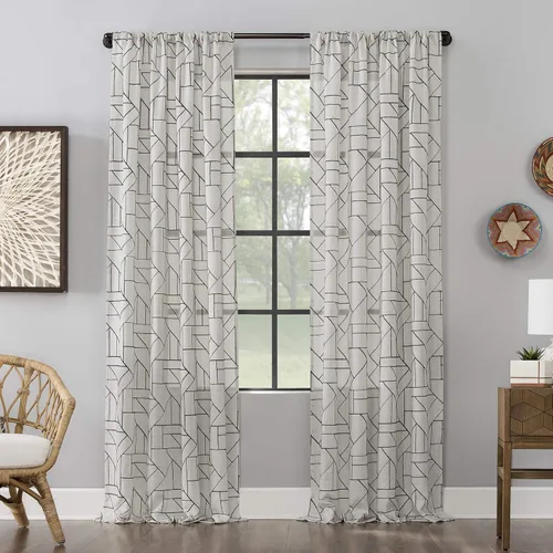 Archaeo Cortina de mezcla de lino natural moderna de mediados de siglo con bordado geométrico fragmentado, 50 x 63 pulgadas, negro/lino