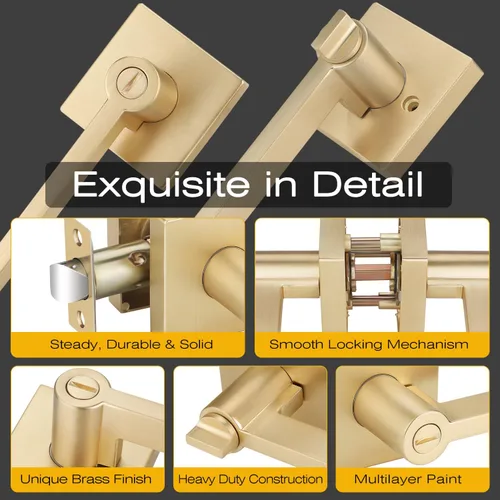 Miniatura 8 de 1 paquete de manijas de puerta doradas, pomos de puerta resistentes para interior de dormitorio y baño, manijas de puerta con cerradura de palanca