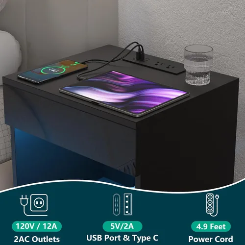 Miniatura 3 de HOMMPA Mesita de noche LED con estante abierto con estación de carga, 2 cajones, mesita de noche negra con almacenamiento, mesitas de noche