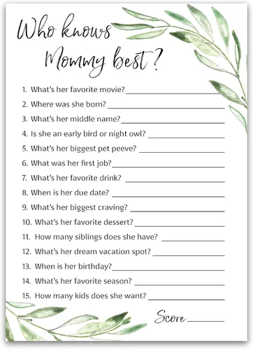 GREENERY Baby Shower Games Who Knows Mommy Best – Paquete de 25 – Género NEUTRAL Baby Shower Juego Nuevo Parejas Coed Reveal Divertido Juego de