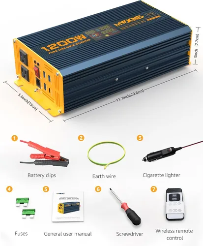 Miniatura 9 de Inversor de Potencia de Onda Sinusoidal Pura de 1200 Vatios DC 12V a 110V AC Convertidor con Dos Salidas de CA, Puertos USB de Carga Rápida