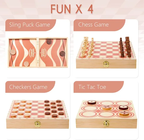 Miniatura 2 de RM ROOMERS Juego de discos rápidos de madera 4 en 1 para adultos, ajedrez, damas, Tic Tac Toe, juegos de mesa de viaje plegables portátiles