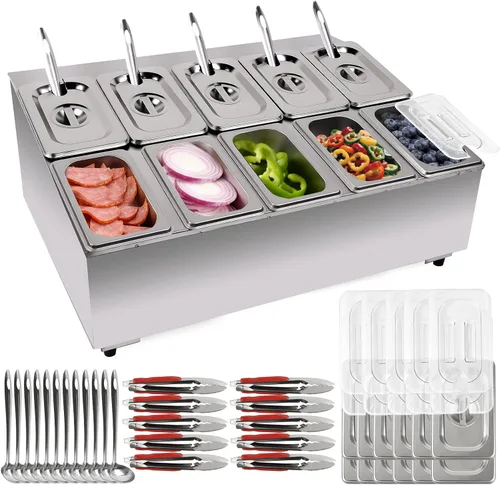 Miniatura 8 de Pizza Topping Station 7 sartenes, barra de ensalada, estación de buffet, servidor de bufé de alimentos fríos con tapas de bolsas de hielo, juego