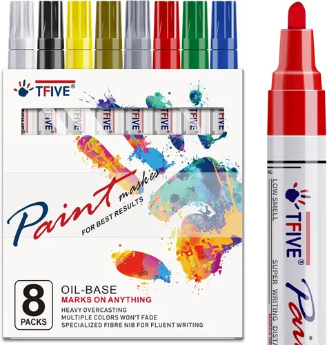 TFIVE Juego de rotuladores de pintura, 8 colores a base de aceite, marcador de pintura permanente, punta media, secado rápido e impermeable para