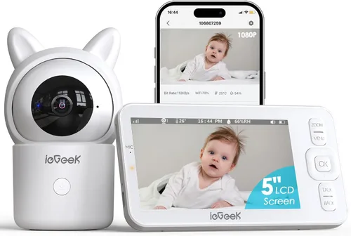 ieGeek Monitor de bebé con cámara y audio, pantalla HD grande de 5 pulgadas (sin WiFi) y cámara 1080P y aplicación inteligente gratuita (WiFi),