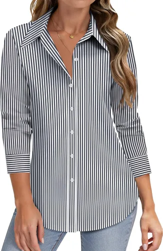 Miniatura 19 de HOTOUCH Camisas de manga larga con botones para mujer, camisas de vestir con protección contra manchas, ajuste delgado, blusas de trabajo, oficina